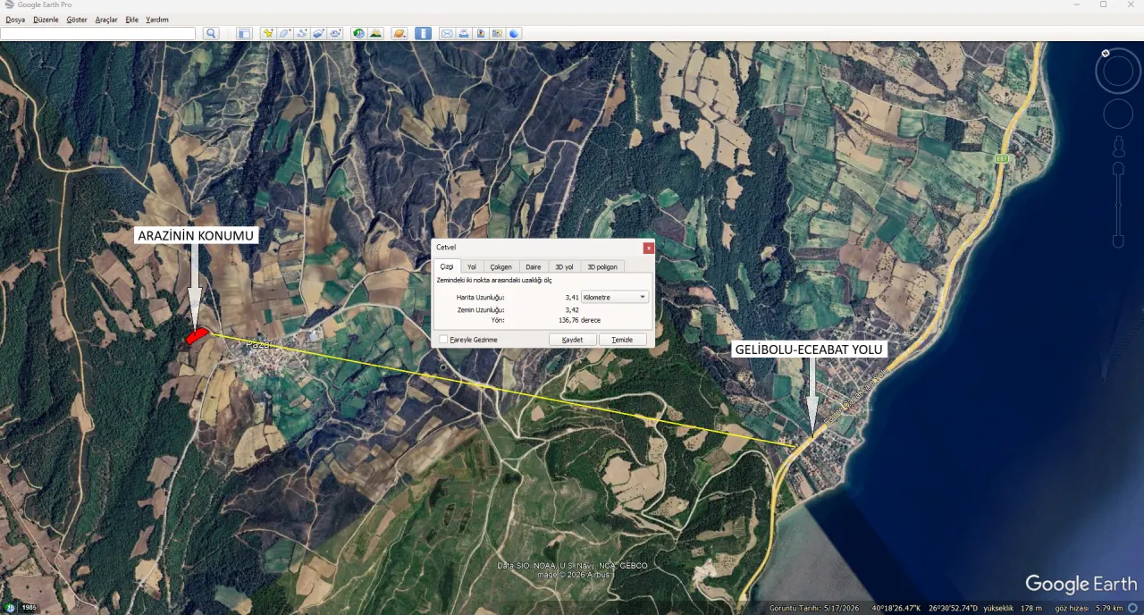 ÇANAKKALE GELİBOLU PAZARLIDA MÜSTAKİL TAPULU 6,493m2 TARLA - görsel 16