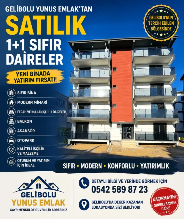 GELİBOLU’NUN EN PRESTİJLİ LOKASYONLARINDAN BİRİNDE  SIFIR  53 m²  1+1 OTURUMA HAZIR SATILIK DAİRE